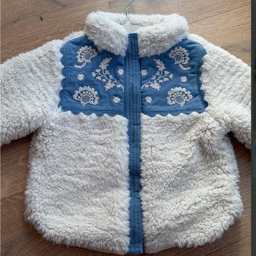 Kids Cream Sherpa Jacket with Blue Embroidered Yoke - Cozy Puffer Style